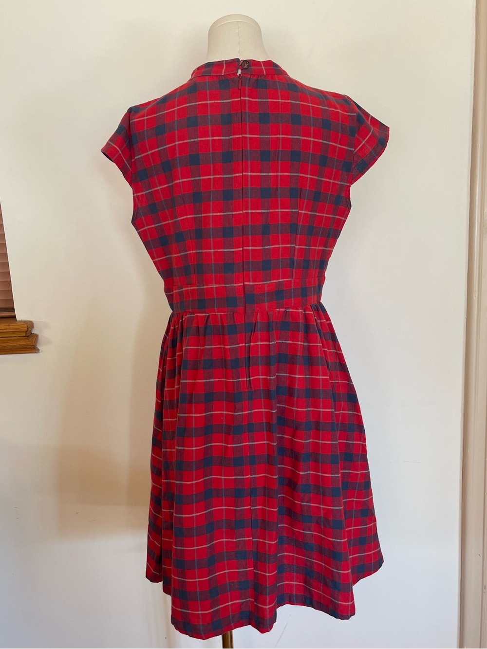 Retro Cotton Twee Red Blue Plaid Fit and Flare Dress Pockets Classic 1950's 60's - Picture 6 of 9